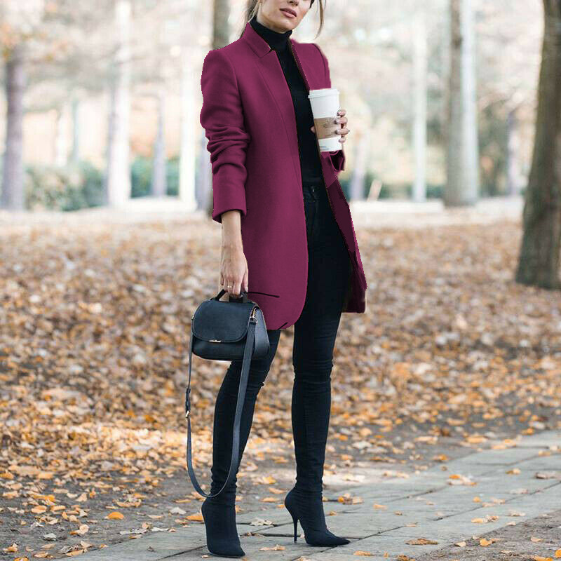 Autumn And Winter New Style European And American Fashion Solid Color Stand-Up Collar Woolen Blazer - Image 8