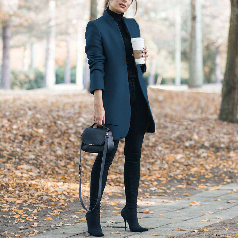 Autumn And Winter New Style European And American Fashion Solid Color Stand-Up Collar Woolen Blazer - Image 2