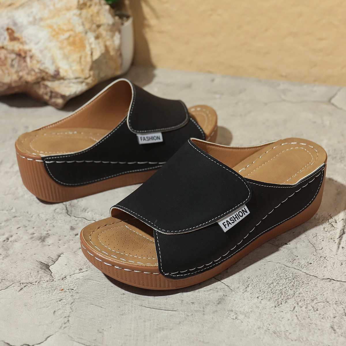 Summer Wedge Slides Slippers Fashion Fish Mouth Thick Bottom Roman Shoes Solid Color Beach Sandals For Women - Image 8