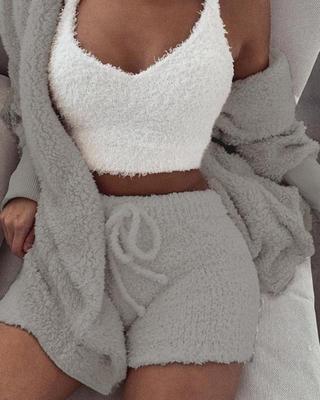 3pcs Womens Clothing Long Sleeve Crop Tank Top And Drawstring Shorts Pajama Set - Image 5