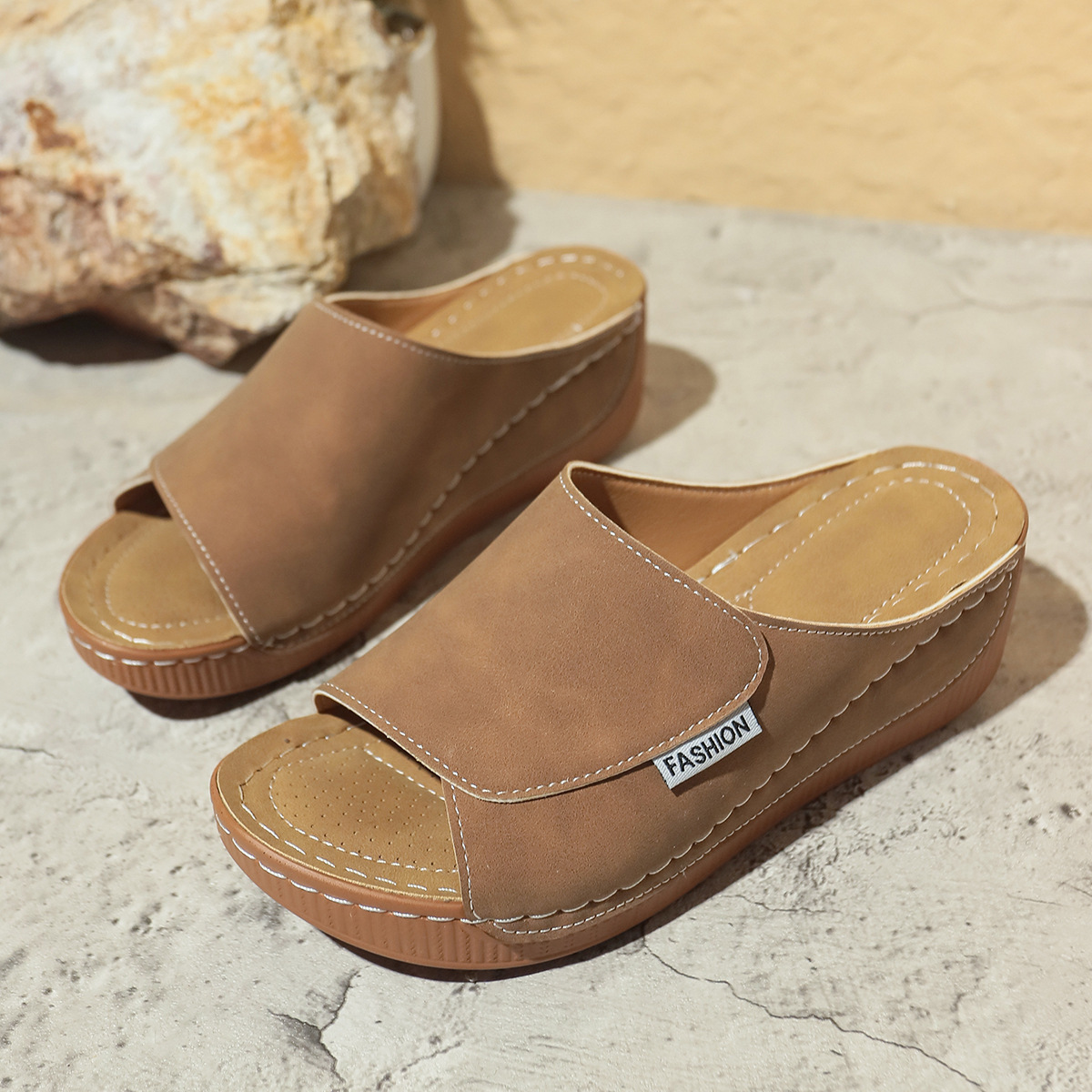 Summer Wedge Slides Slippers Fashion Fish Mouth Thick Bottom Roman Shoes Solid Color Beach Sandals For Women - Image 3