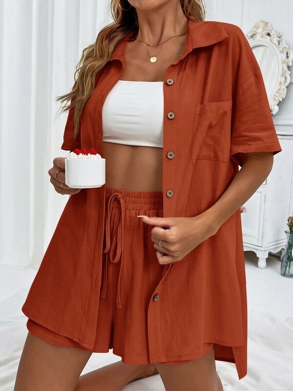 Women's Fashion Shorts Two Pieces Solid Color Shirt Suit - Image 6