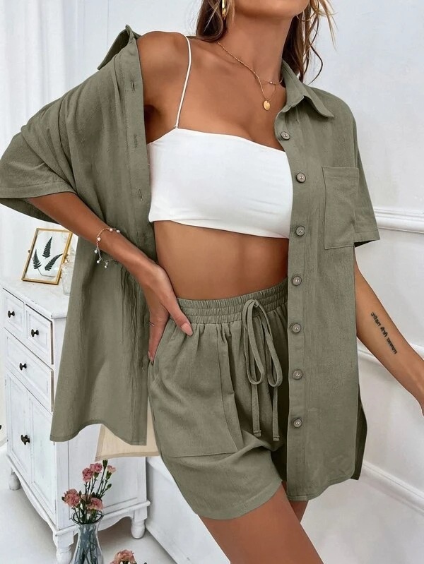 Women's Fashion Shorts Two Pieces Solid Color Shirt Suit - Image 3