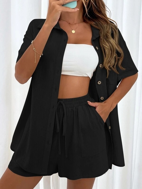 Women's Fashion Shorts Two Pieces Solid Color Shirt Suit - Image 4